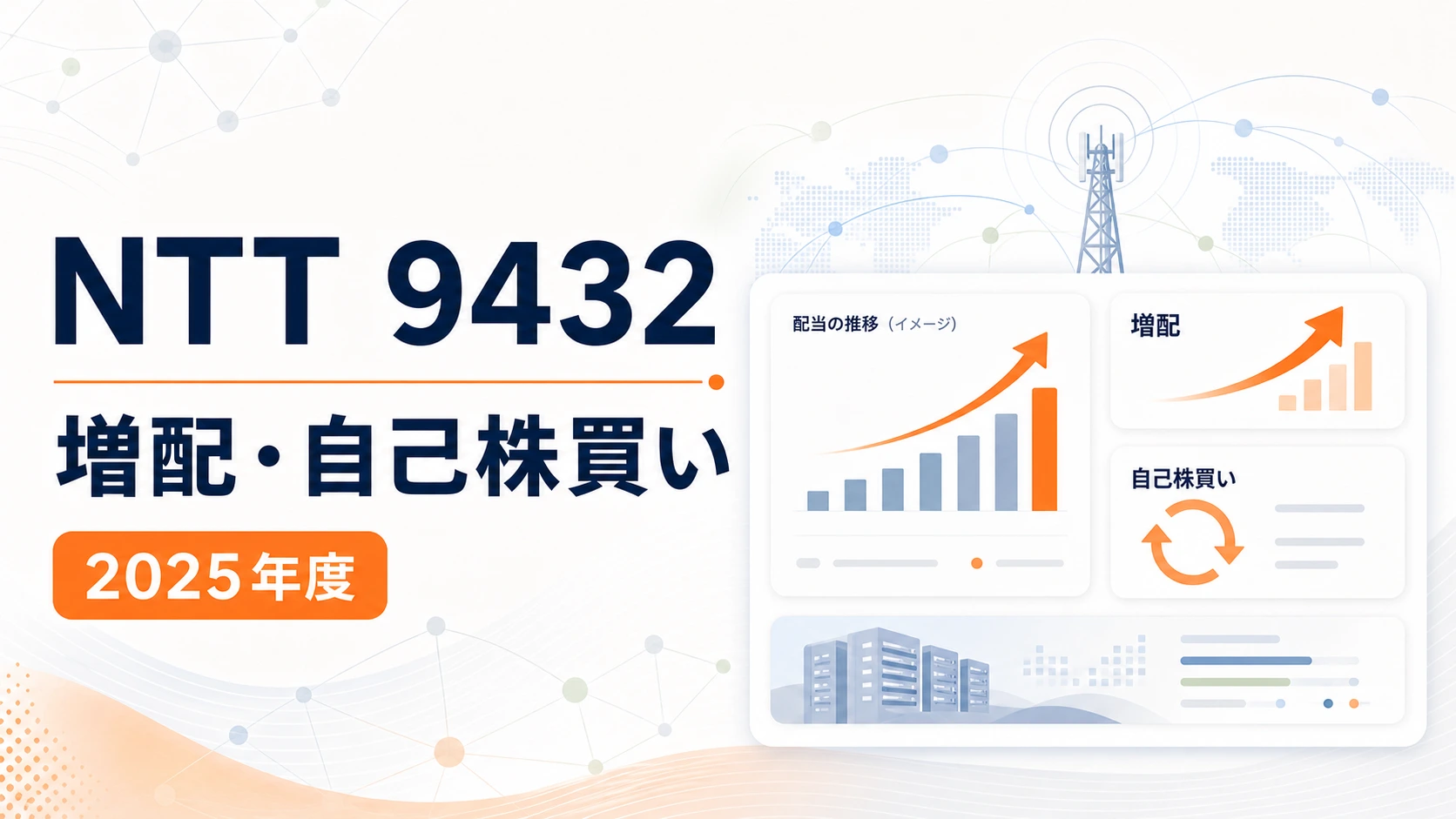 NTT(9432)2025年度決算。増配、自己株買い、株主還元を示すバナー