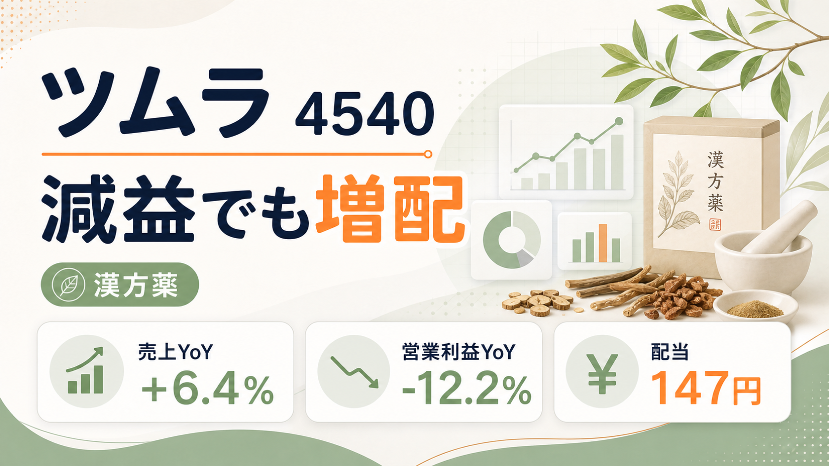 ツムラ（4540）の2026年3月期決算。減益でも増配したことを示すバナー