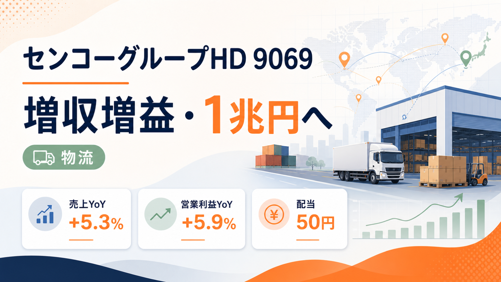 センコーグループホールディングス（9069）の2026年3月期決算。増収増益と売上1兆円計画を示すバナー