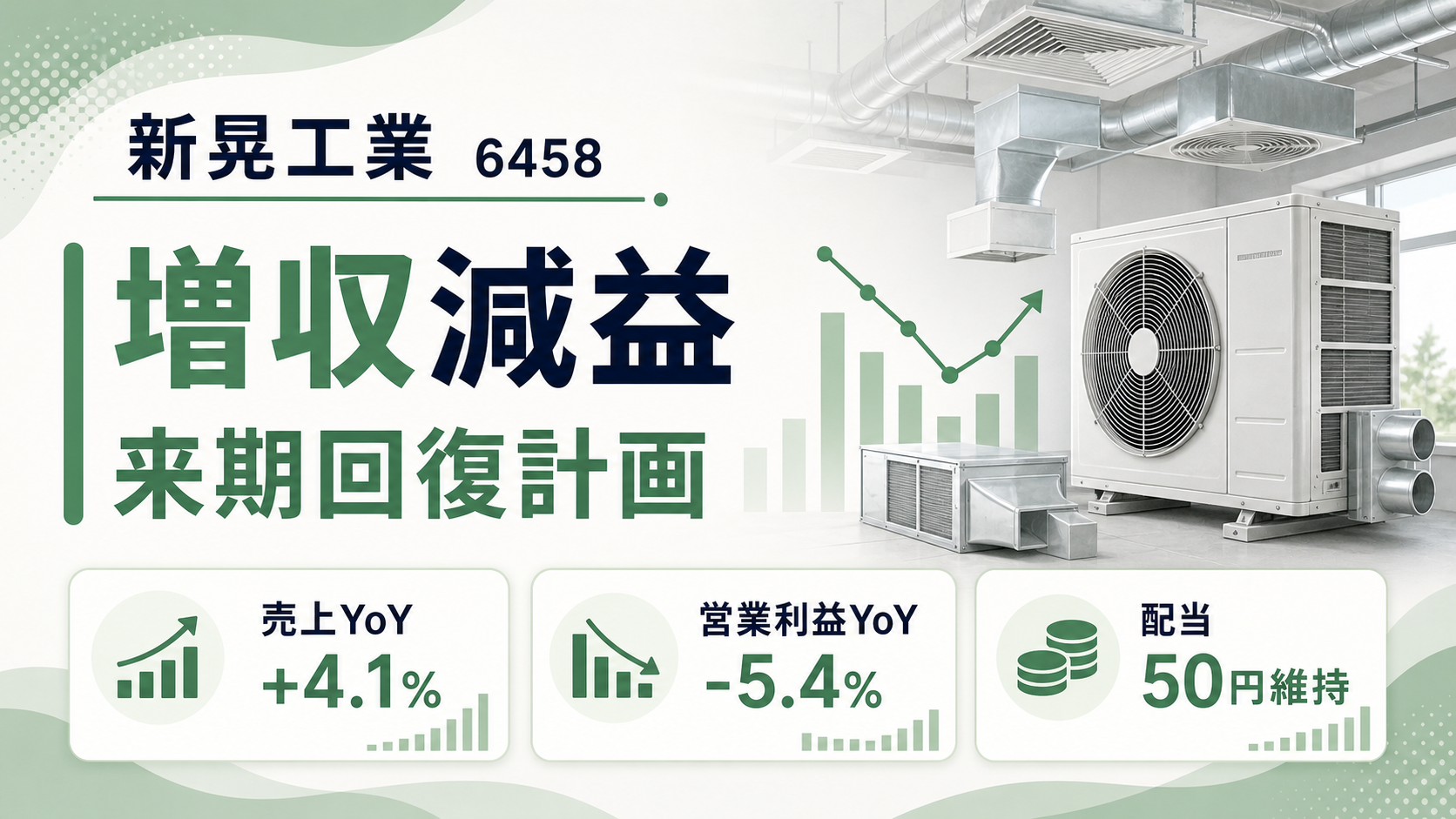 新晃工業(6458)の2026年3月期決算。増収減益と来期回復計画を示すバナー