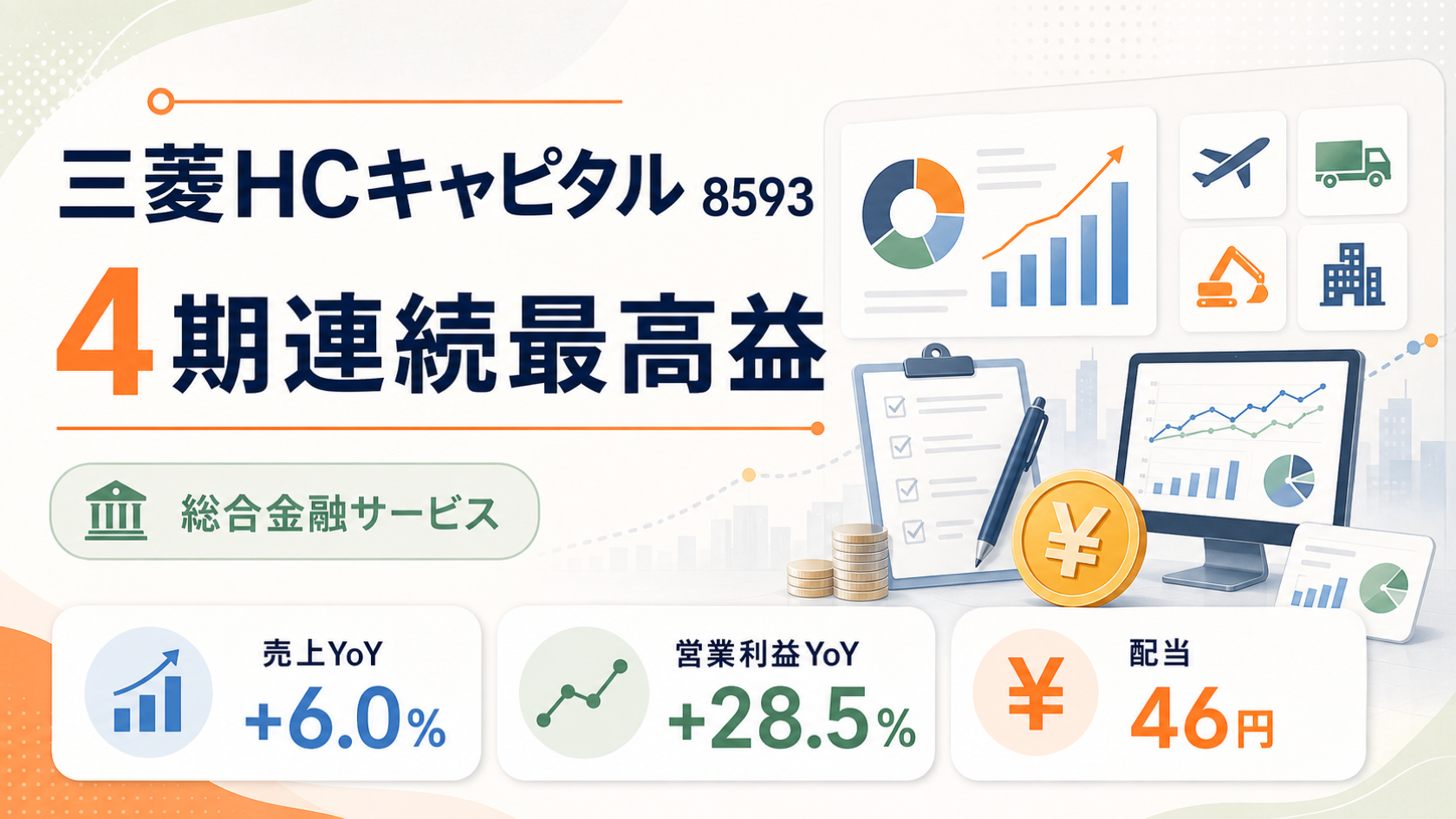 三菱HCキャピタル(8593)の2026年3月期決算。4期連続最高益と増配を示すバナー